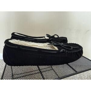 Minnetonka Cally Moccasin Slippers - Women’s 8 - Black Suede Faux Fur